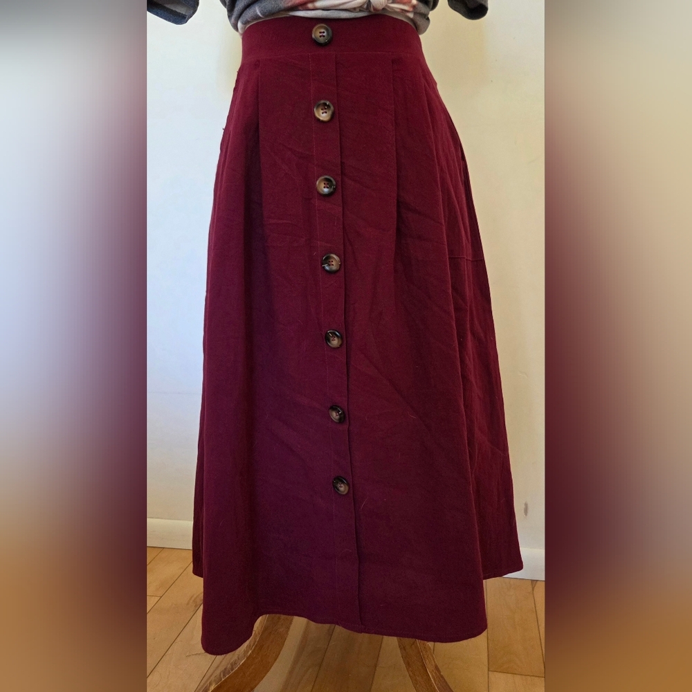 Elegant Wine Button-Down A-Line Skirt